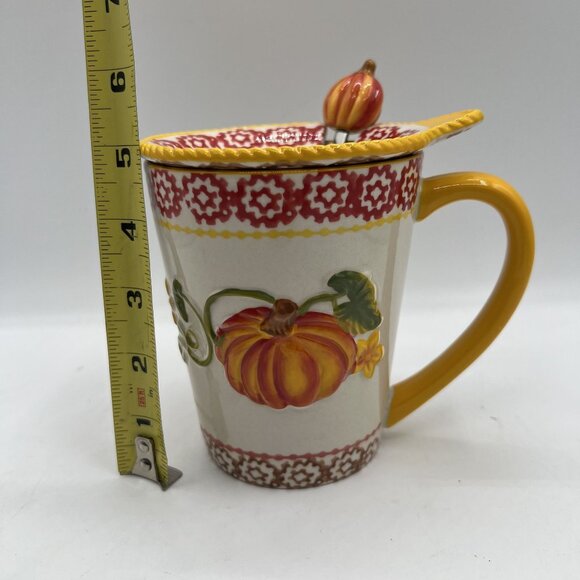 Temptations Hand Crafted & Painted 3D Pumpkin Harvest Mug Spoon & Lid 16 oz 3pcs - Picture 5 of 13